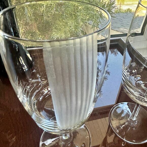 Pair of Vintage Stemmed Water Goblets with Vertical Frosted Stripes – 8” Tall - Picture 4 of 15